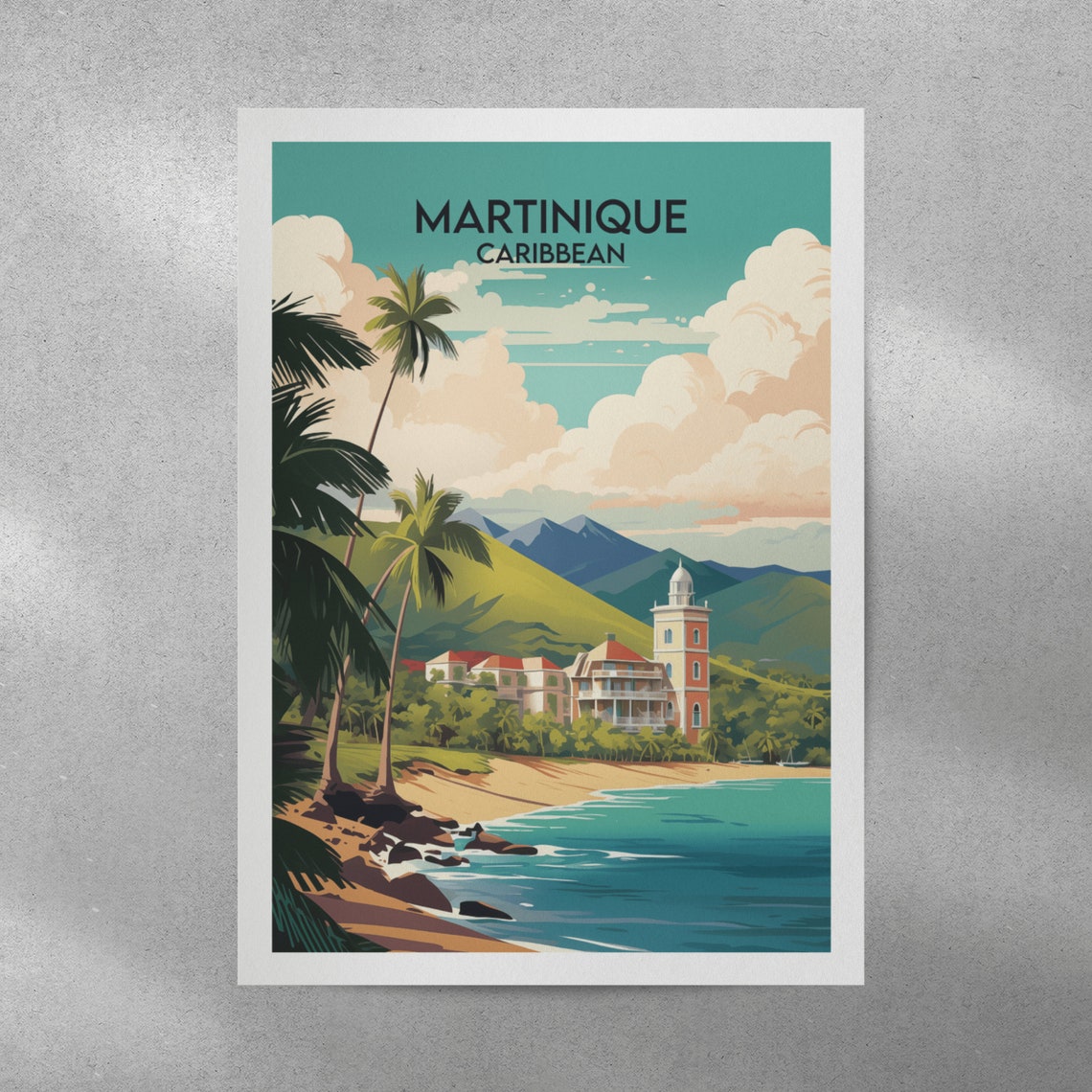 Martinique Caribbean Beach Lighthouse Mountain Tropical Travel Poster - Image 2
