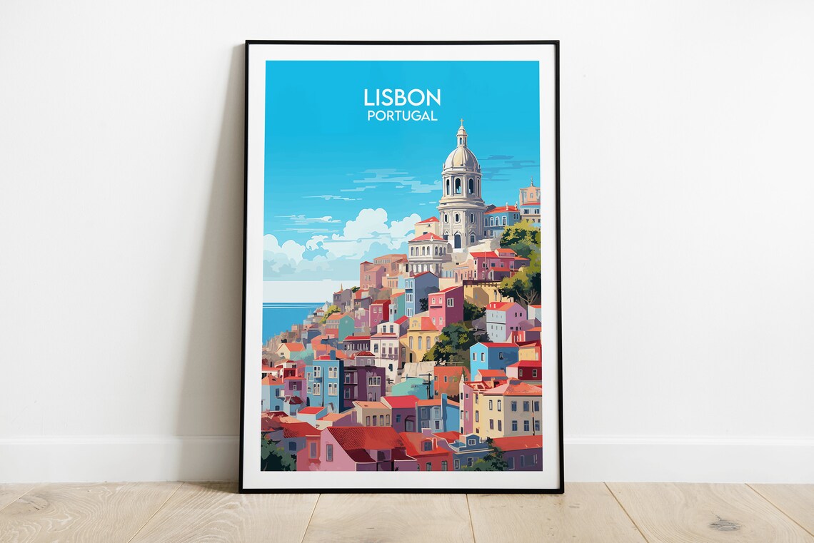 Sunny Lisbon Portugal Colorful Hillside Cityscape Travel Poster