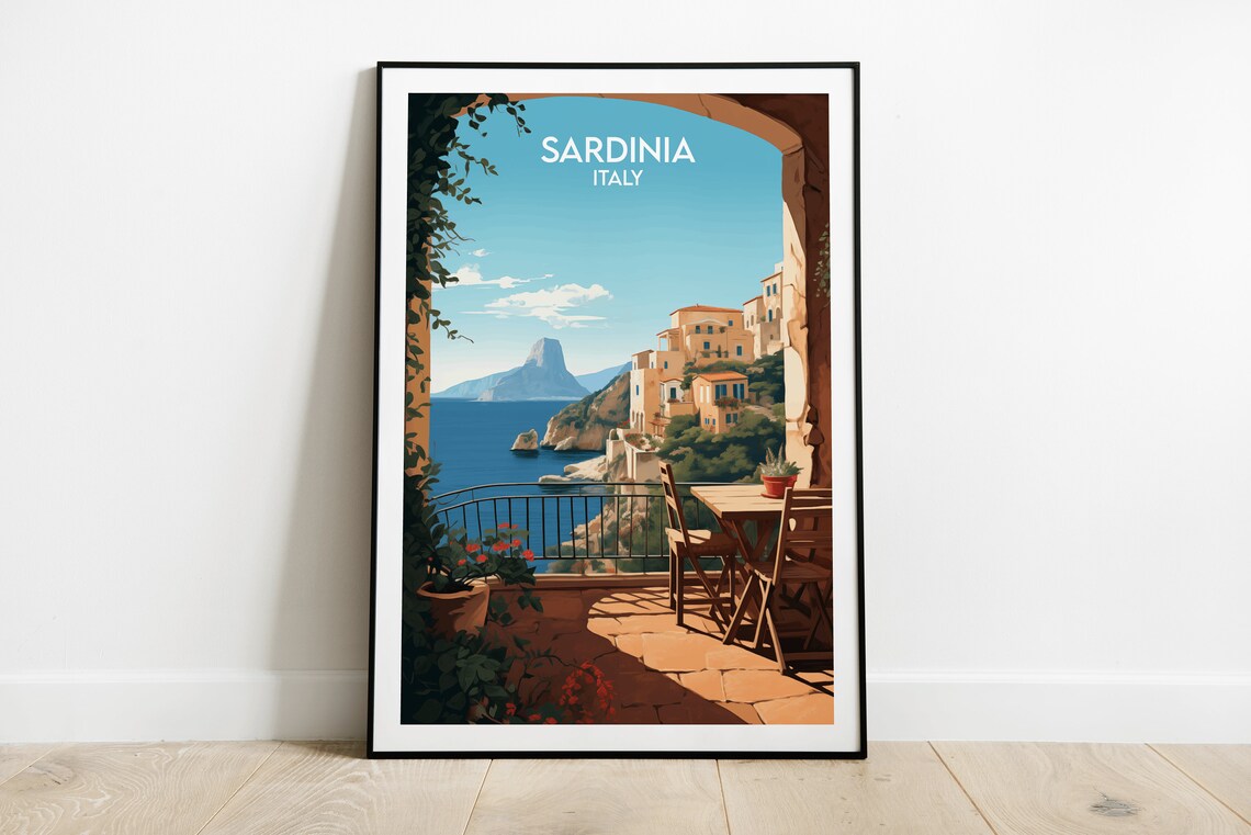 Sardinia Italy Coastal Terrace Hillside Village Sea View Travel Poster