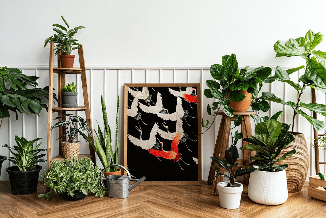Japanese Black Crane Bird Vintage Classic Art Print - Image 3