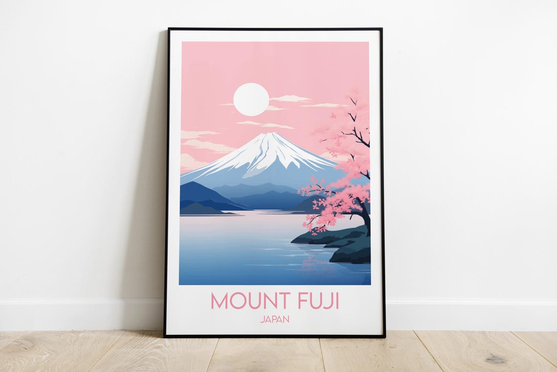 Mount Fuji Cherry Blossom Lake Spring Japan Pink Travel Poster