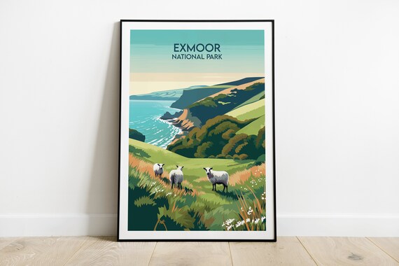 Exmoor National Park Green Hillside Sheep Coastal Art Poster