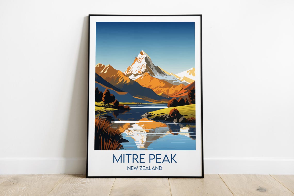 Mitre Peak New Zealand Golden Hour Alpine Lake Reflection Poster