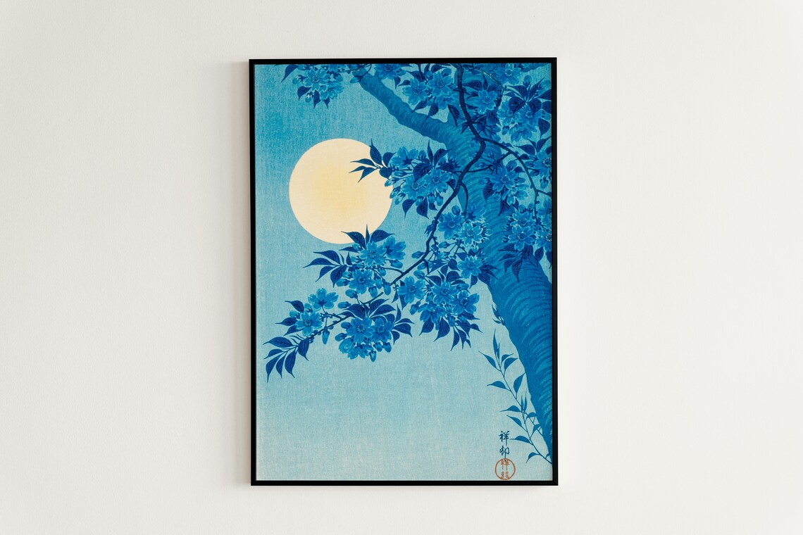 Japanese Cherry Blossom Night With Full Moon Vintage Woodblock Print - Image 2