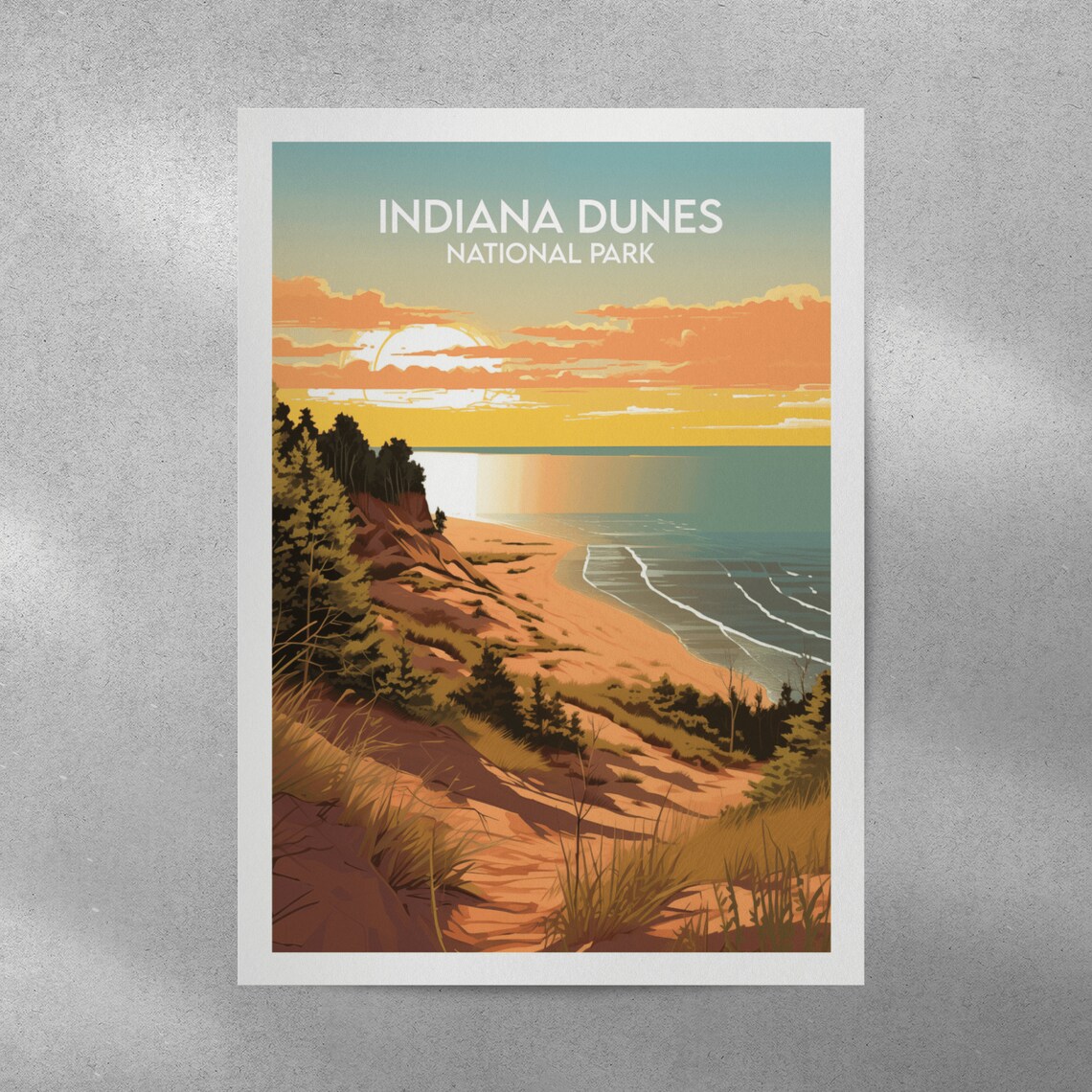 Indiana Dunes National Park Sunset Lakeshore Retro Vintage Poster - Image 2