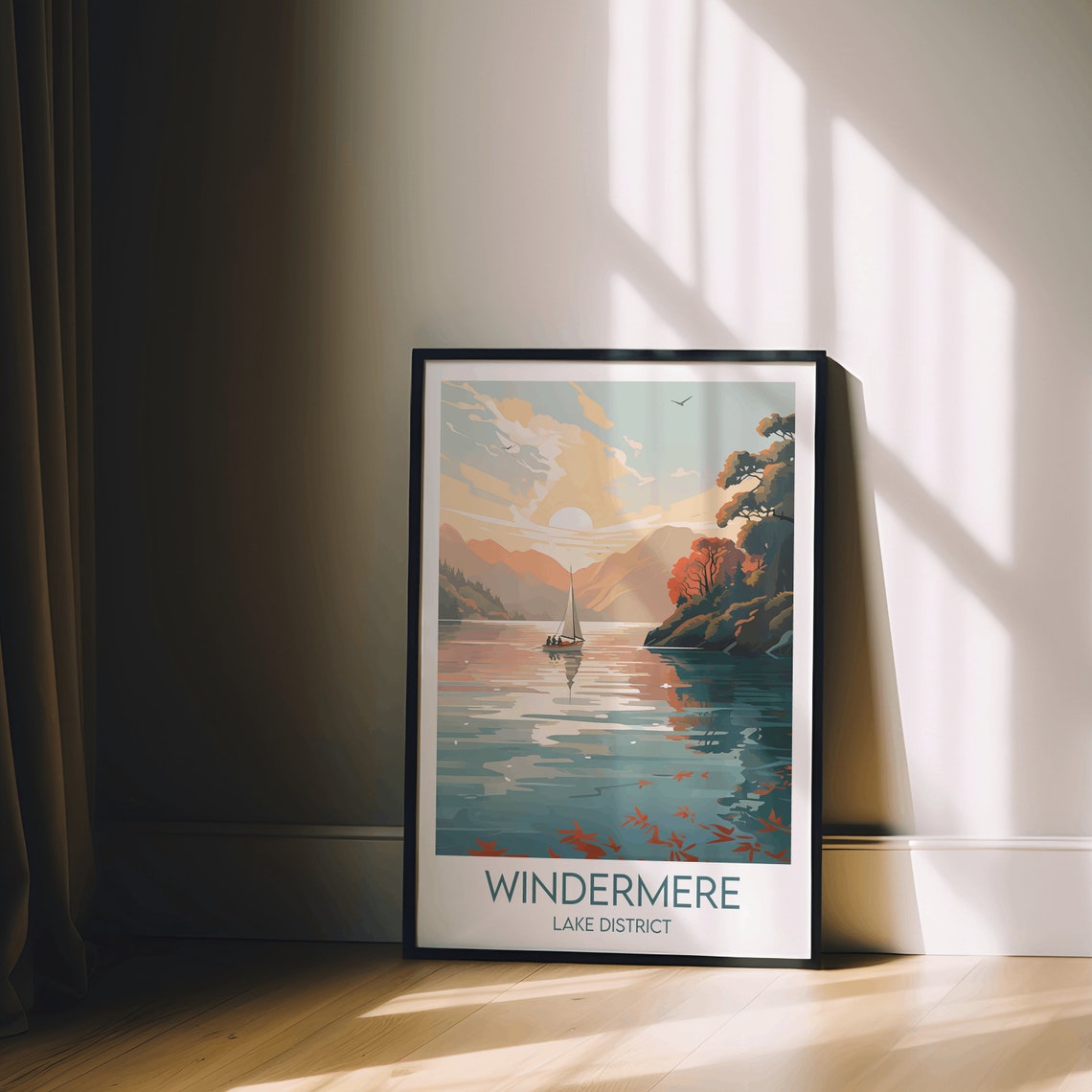 Windermere Lake District Sailboat Sunset Lake Scene Travel Art Poster - Image 2