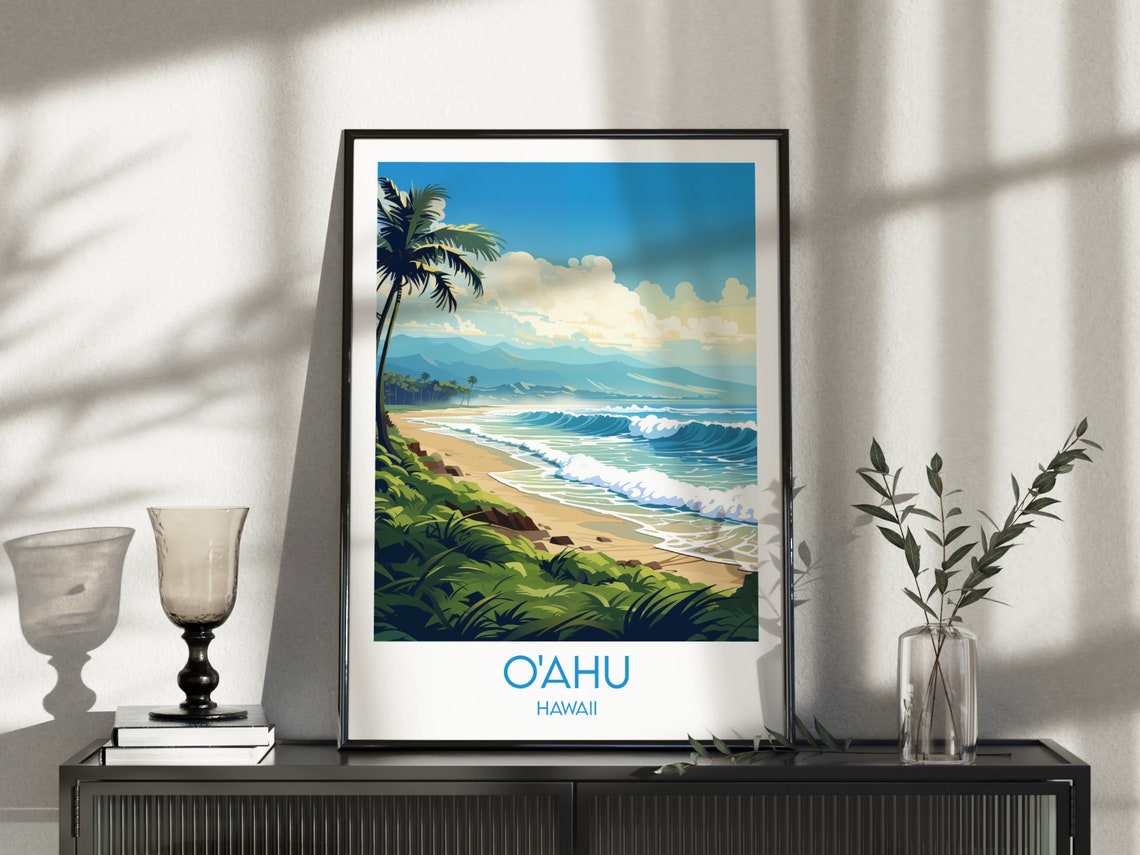 Oahu Hawaii Golden Surf Beach Ocean Waves Retro Travel Poster - Image 3