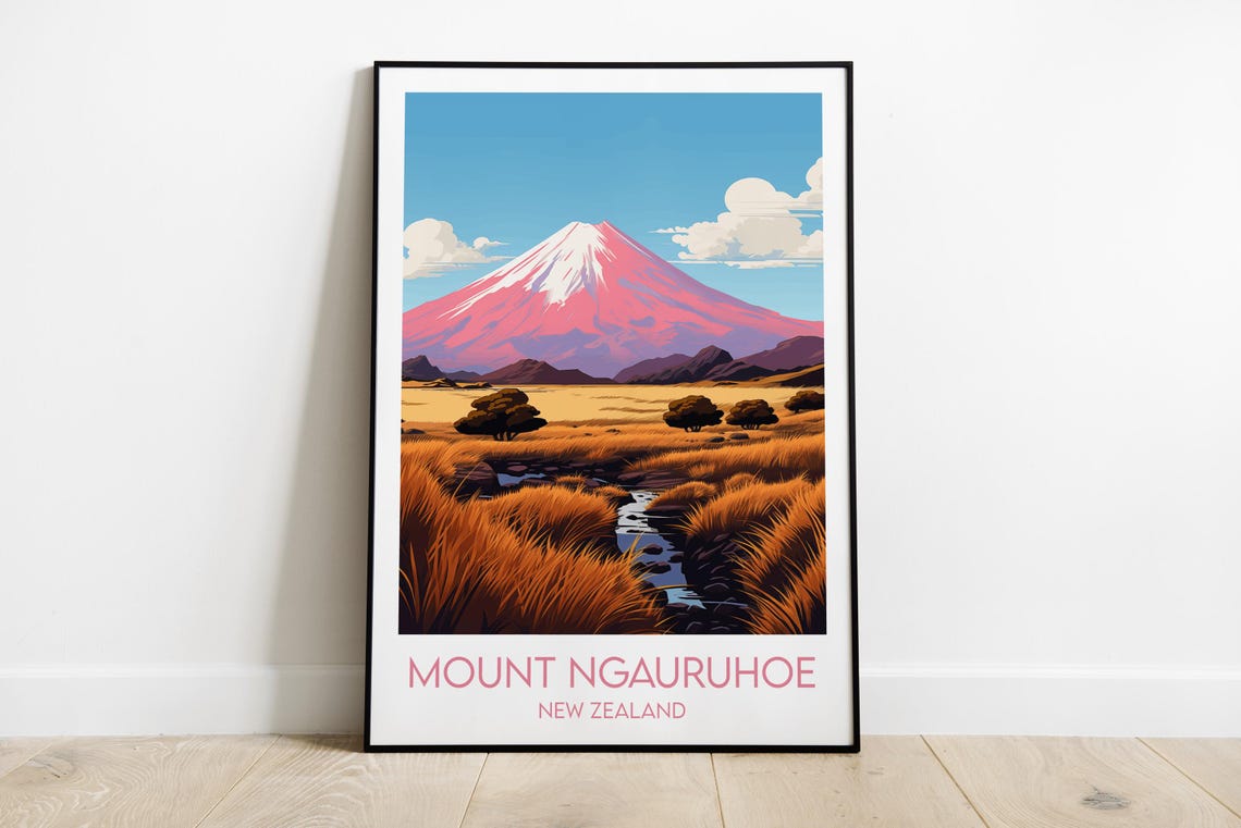 Mount Ngauruhoe New Zealand Snowy Volcano Golden Meadow Poster