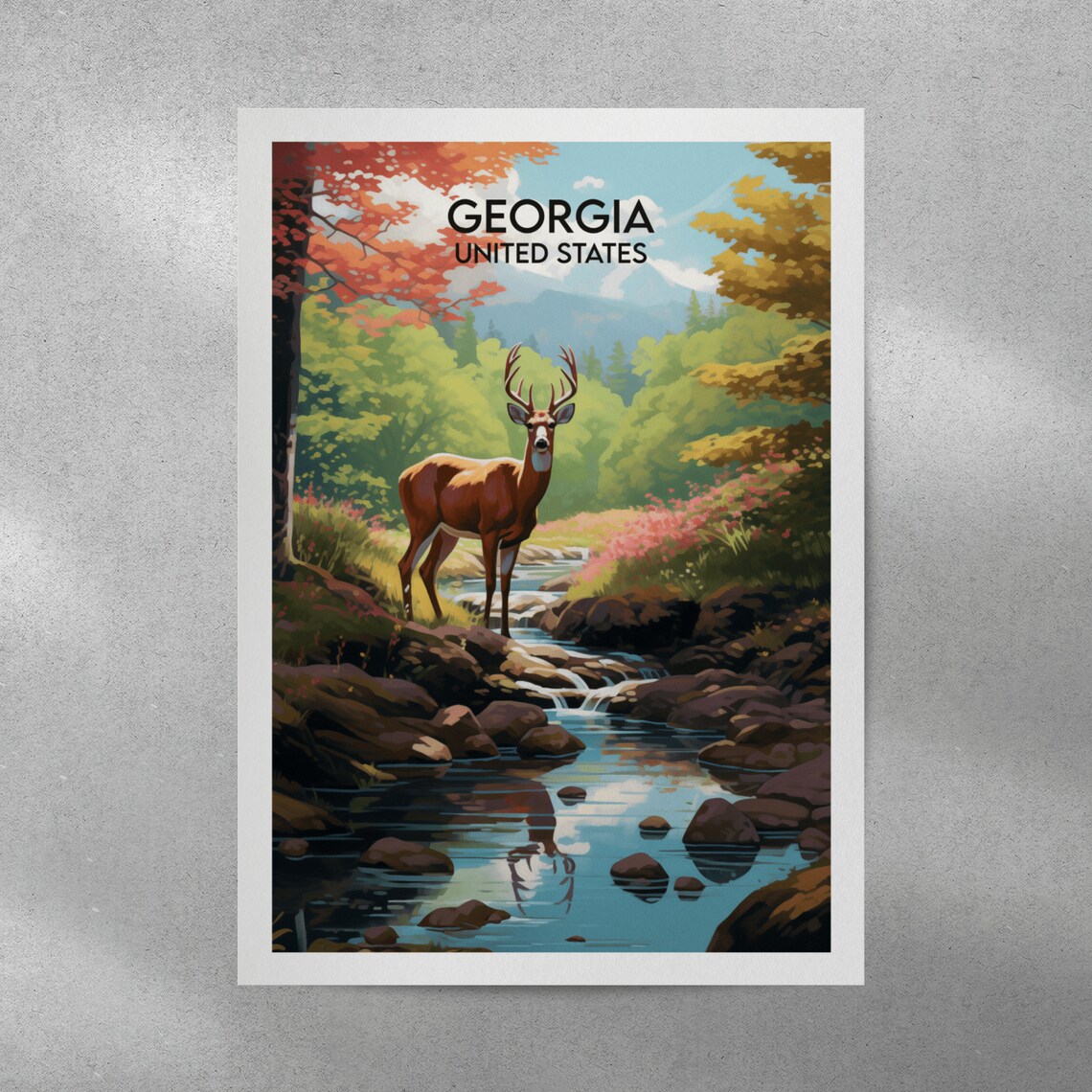 Georgia United States Buck by Mountain Stream Forest Scene Poster - Image 3