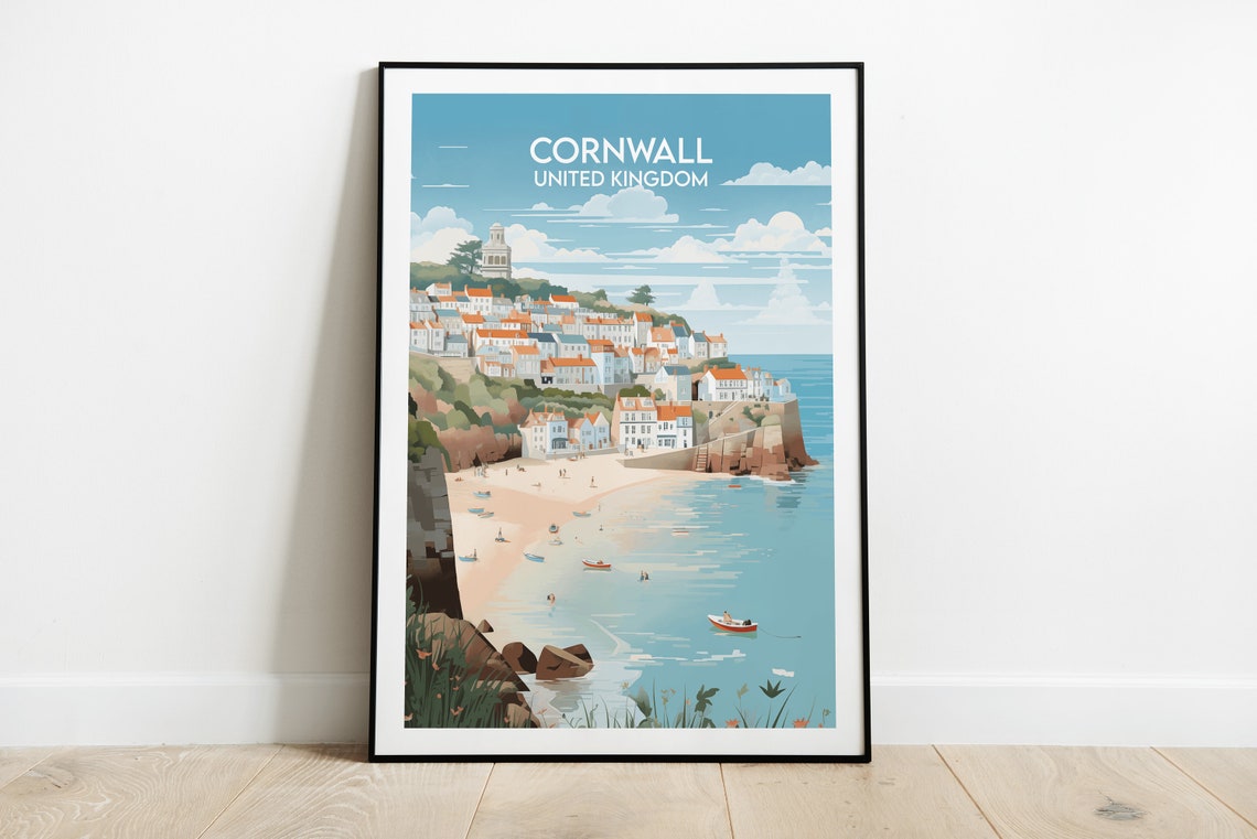 Cornwall United Kingdom Fishing Village Beach Coastal Travel Poster