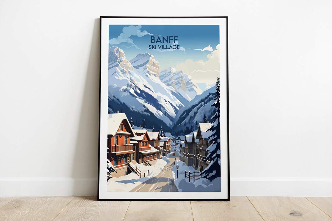 Banff Ski Village Canada Snowy Alpine Street Winter Travel Poster
