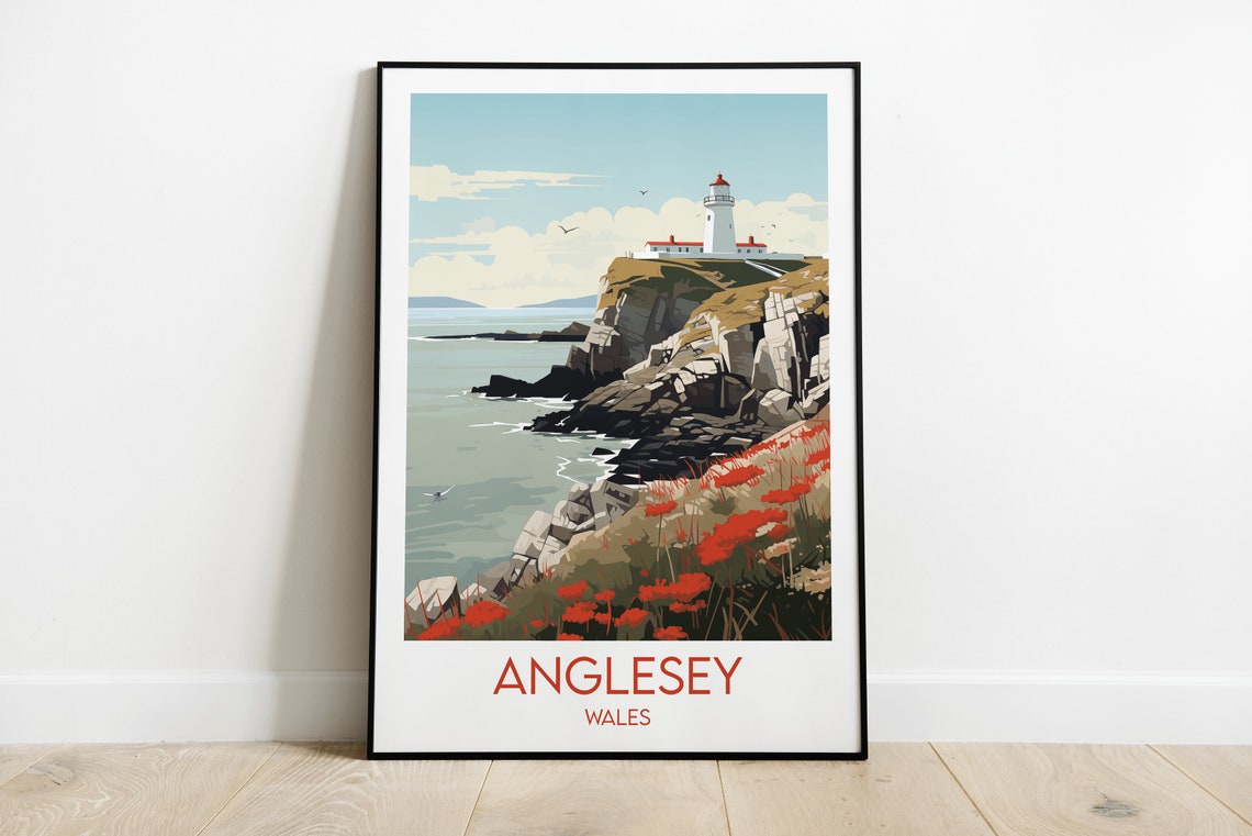 Anglesey Wales Lighthouse Coastal Vintage Style Travel Poster