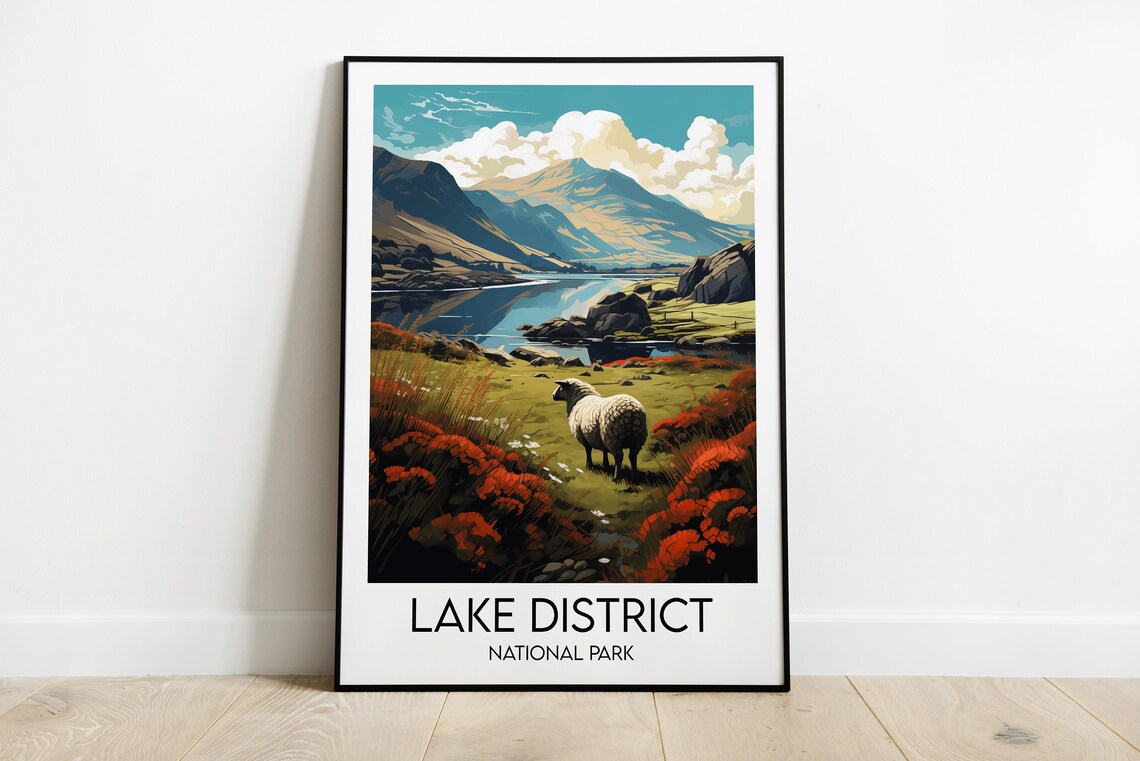 Lake District National Park Sheep Valley Lake Mountain England Travel Poster