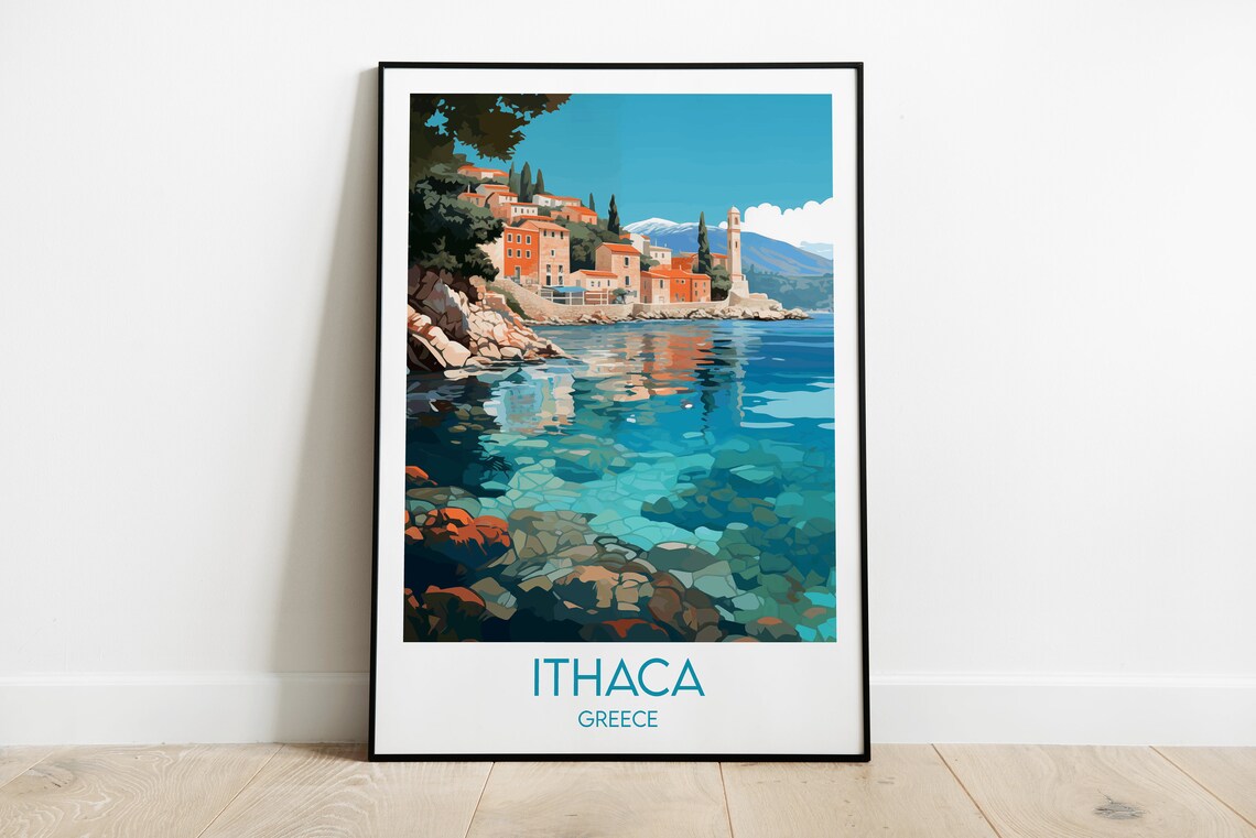 Ithaca Greece Coastal Old Town Turquoise Bay Retro Travel Poster