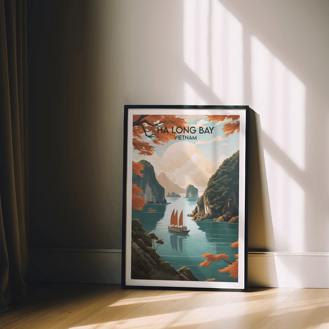 Ha Long Bay Vietnam Junk Boat Karsts Sunset Travel Illustration Poster - Image 2