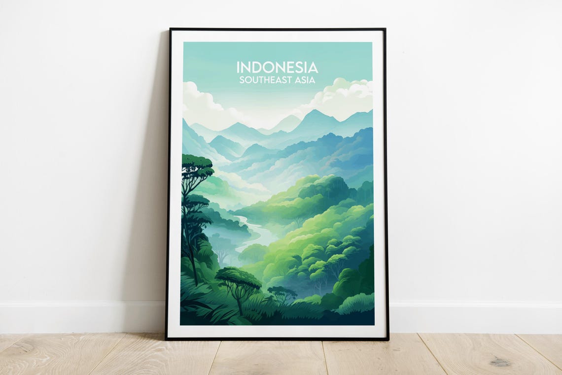 Indonesia Green Jungle Valley Misty Mountain Vintage Travel Poster
