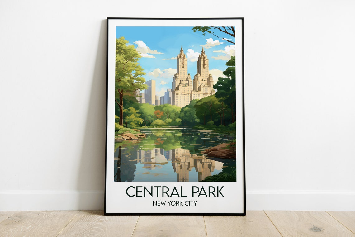 Central Park New York City Skyline Lake Reflection Travel Poster