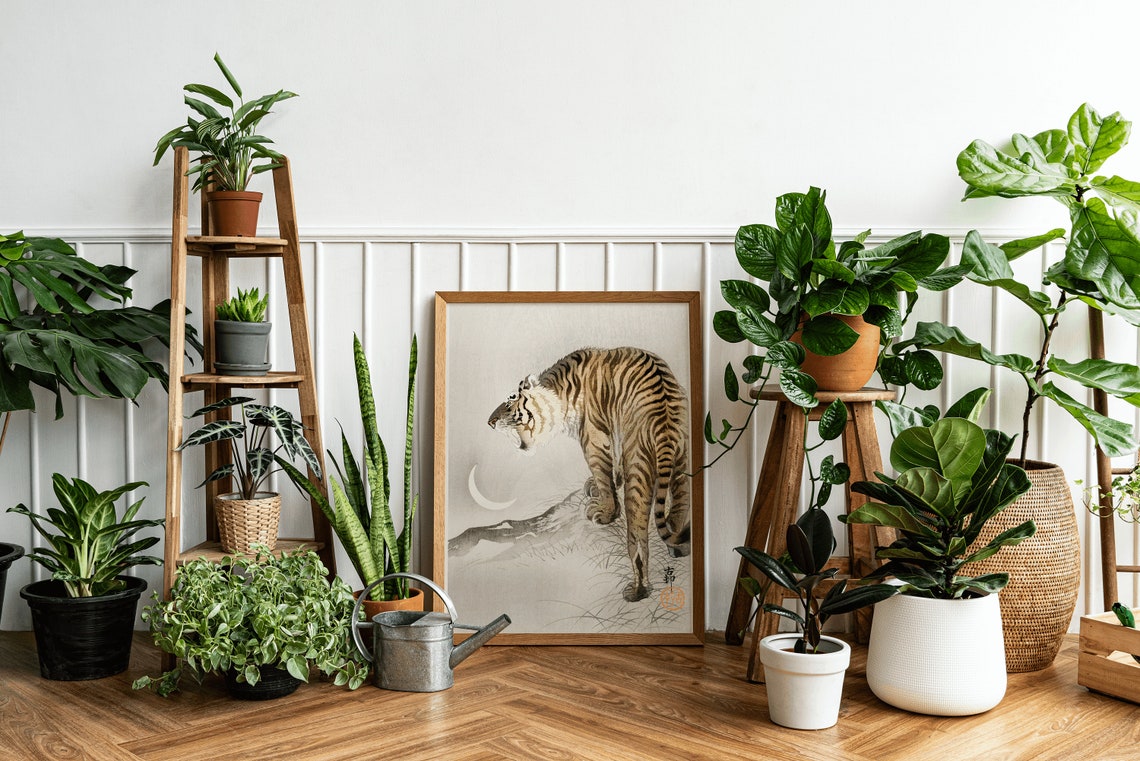 Vintage Japanese Tiger Crescent Moon Minimal Wildlife Art Print - Image 3