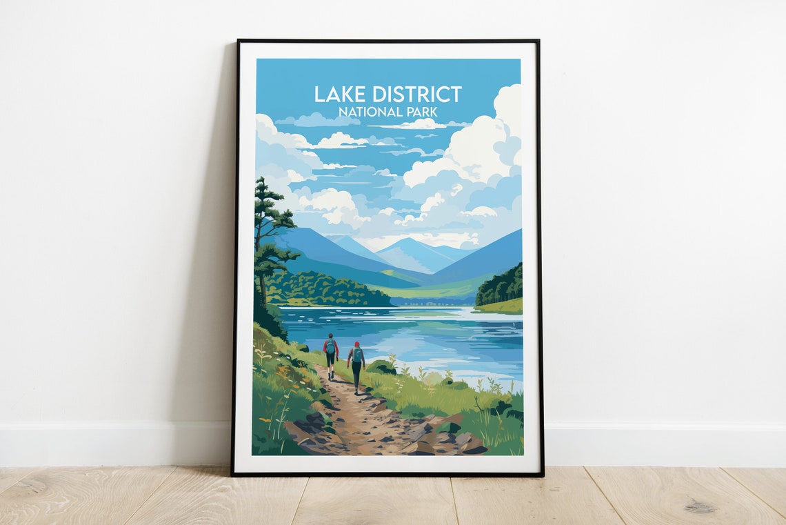 Lake District National Park Hikers Lakeside Vintage Travel Poster