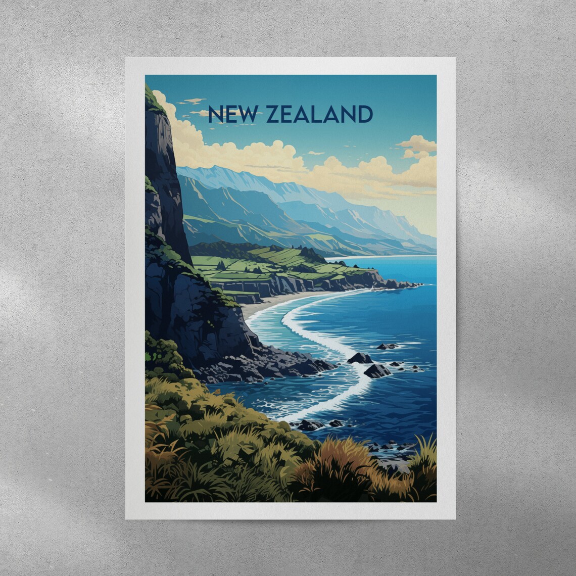 New Zealand Oceanside Cliffs Coastal Landscape Vintage Travel Poster - Image 3