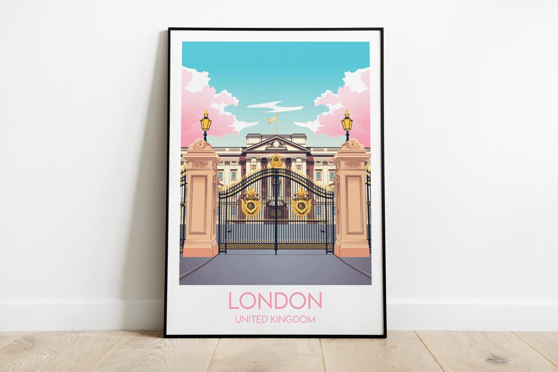 London Buckingham Palace Gates Pink Sky Vintage Travel Poster