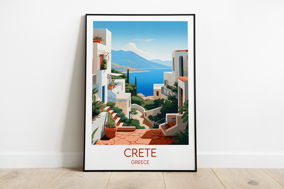 Crete Greece Vintage Travel Illustration White Village Sea View Poster