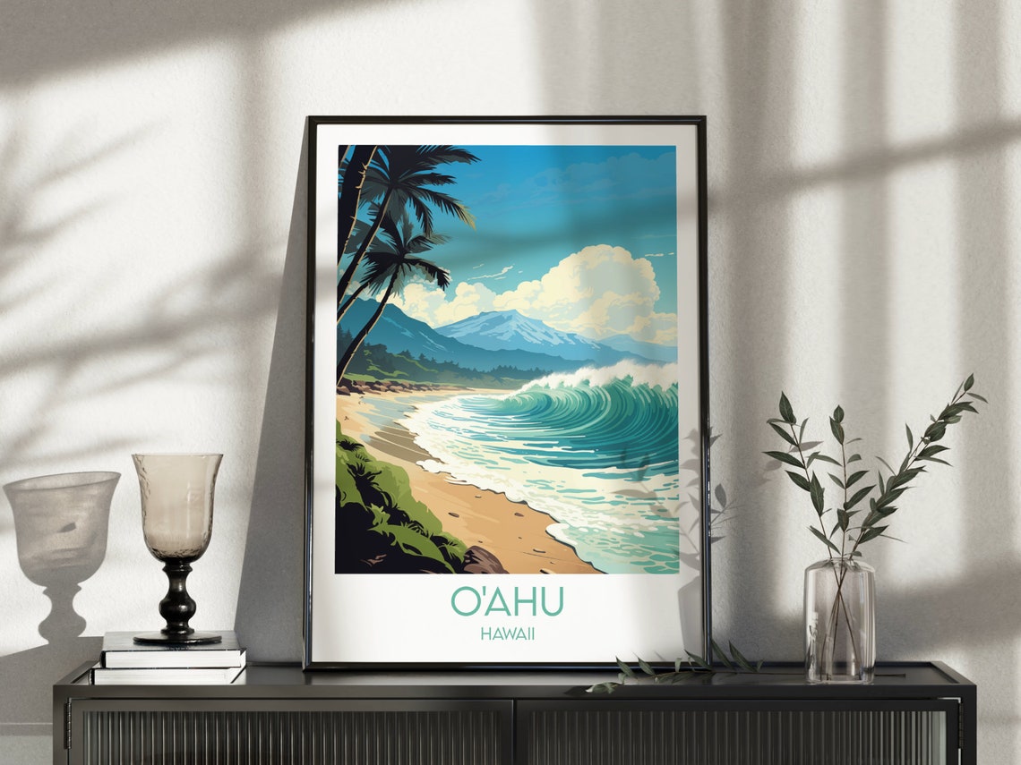 Oahu Hawaii Turquoise Ocean Wave Surf Beach Retro Travel Poster - Image 3