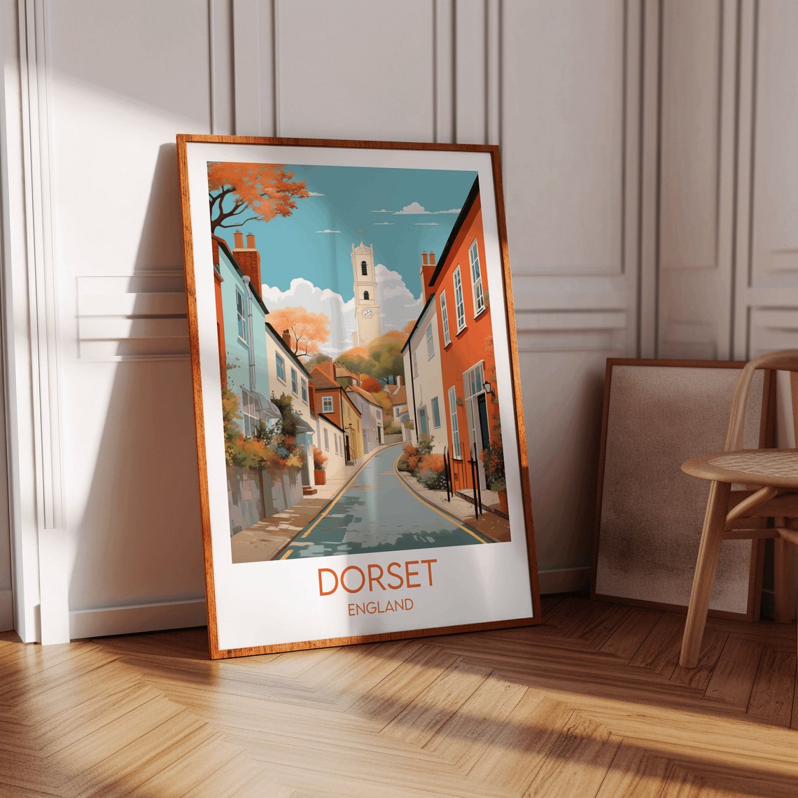 Dorset England Old Town Lane Church Spire Charming Travel Poster - Image 2