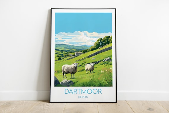 Dartmoor Devon Two Sheep Rolling Hills Vintage Travel Poster