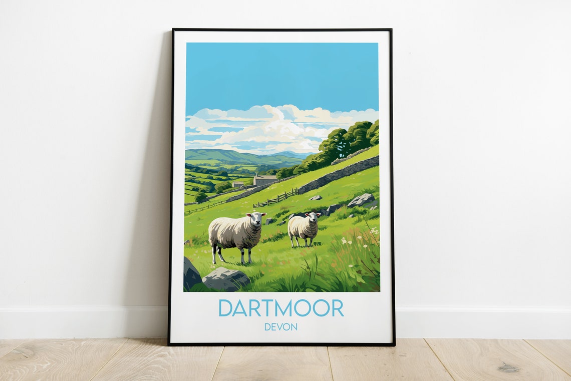 Dartmoor Devon Two Sheep Rolling Hills Vintage Travel Poster
