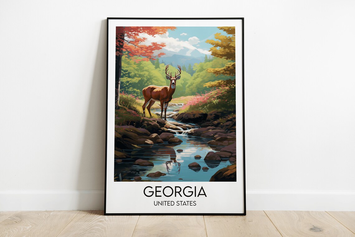 Georgia United States Whitetail Deer Stream Wildlife Travel Poster