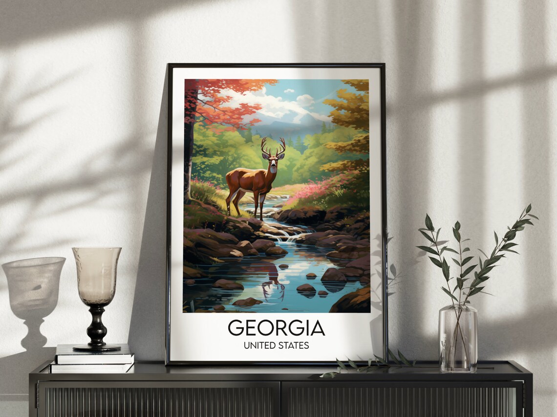 Georgia United States Whitetail Deer Stream Wildlife Travel Poster - Image 5