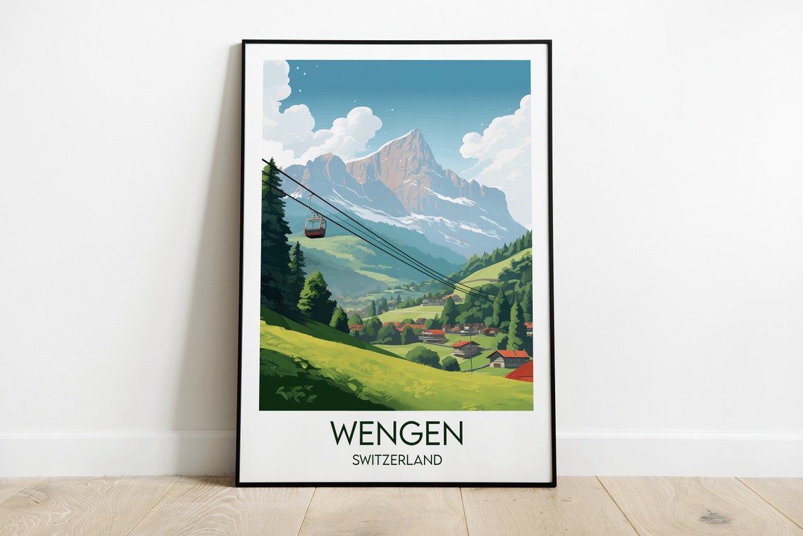 Wengen Switzerland Cable Car Alpine Village Mountain View Poster
