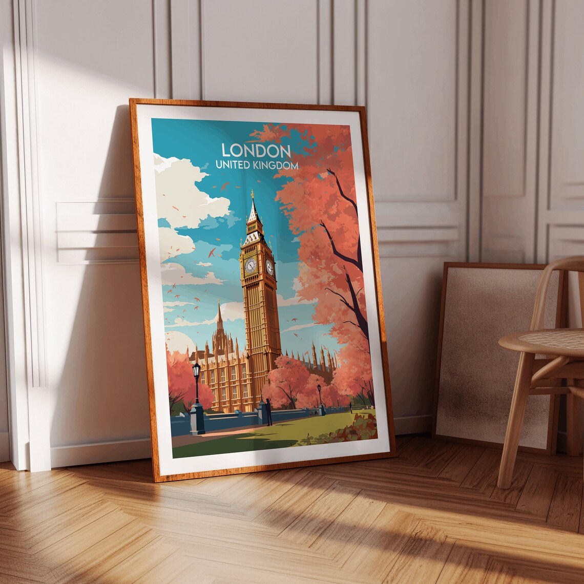 London United Kingdom Big Ben Autumn Blossom Vintage Travel Poster - Image 2