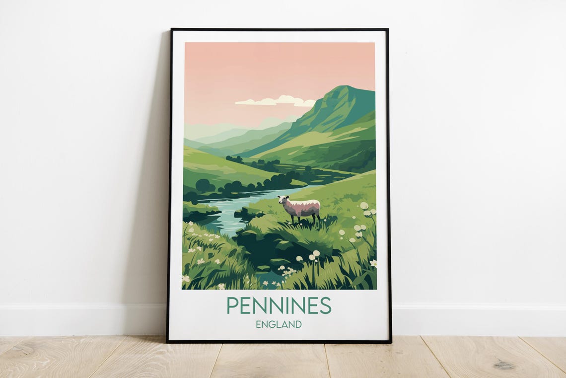 Pennines England Green Hills Sheep Rolling Countryside Travel Poster