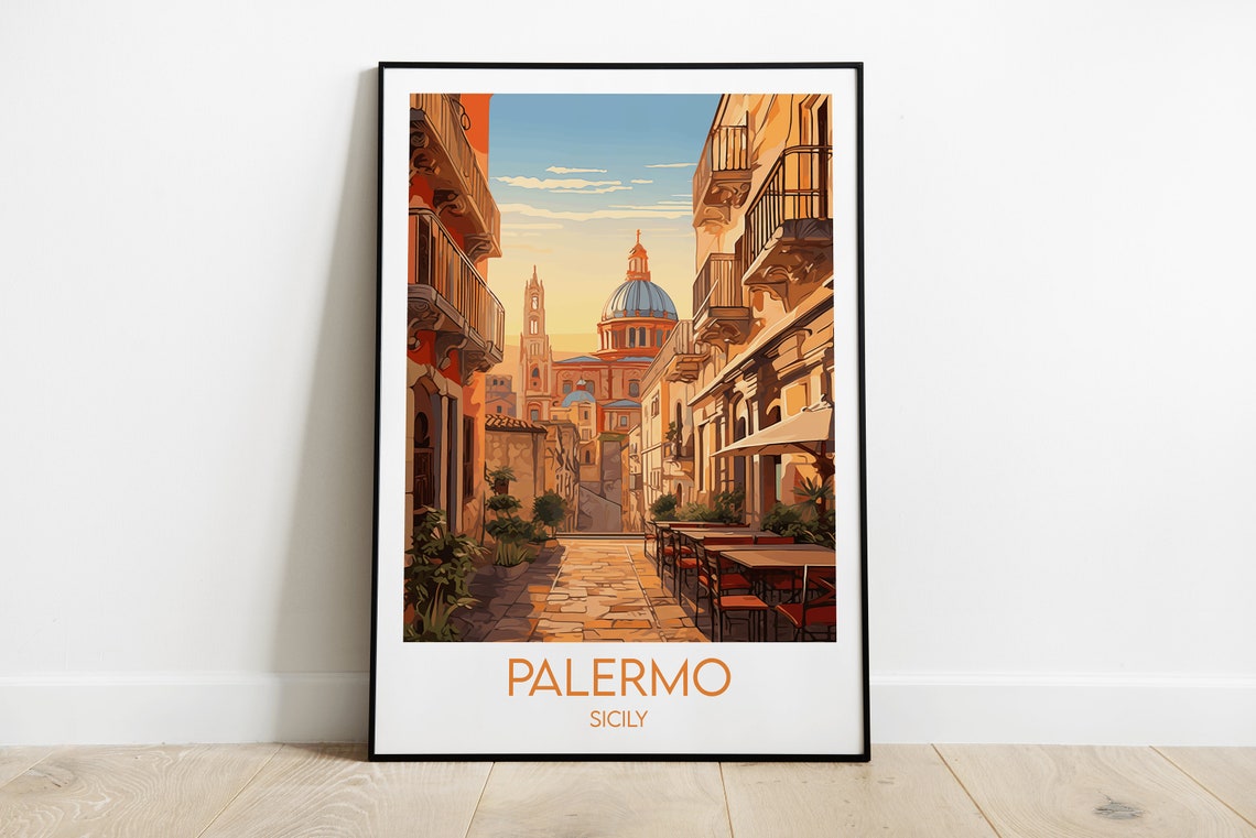 Palermo Sicily Old Town Street Cathedral Scenic Travel Poster