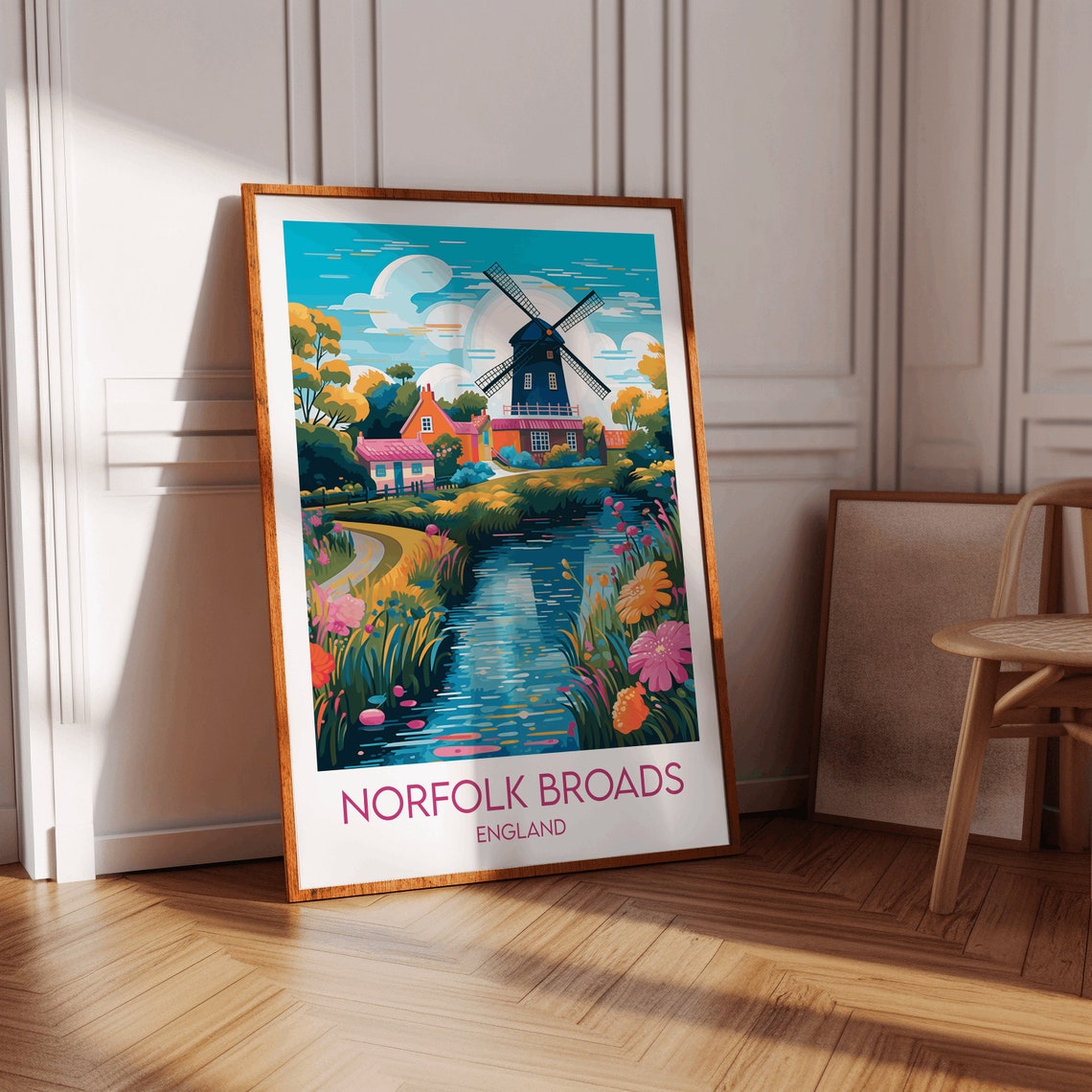 Norfolk Broads England Windmill River Wildflowers Travel Art Poster - Image 3