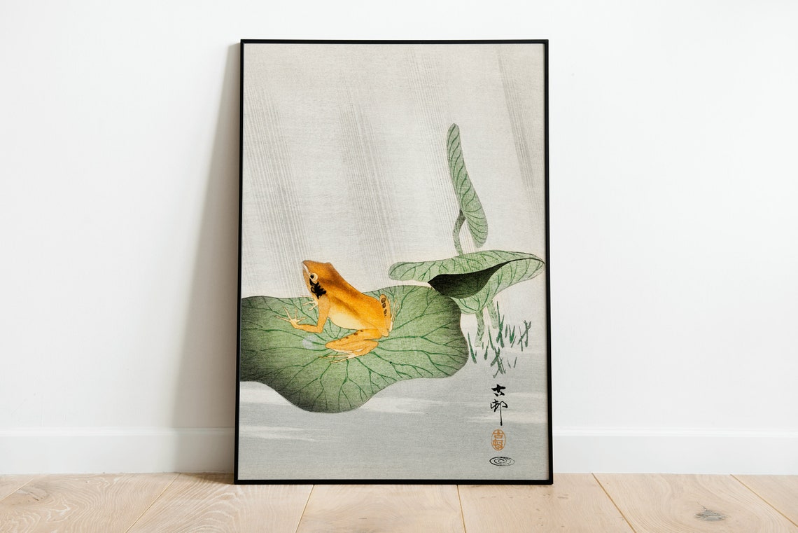 Frog on Lotus Leaf in Rain Classic Japanese Woodblock Style Print