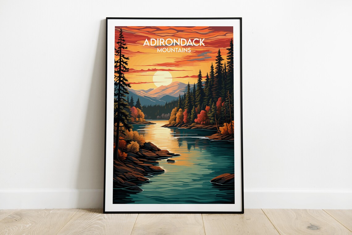 Adirondack Mountains Sunset Lake Pines Evening Travel Poster
