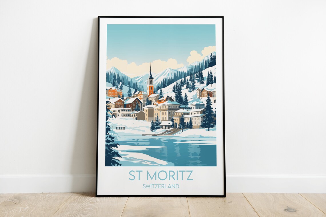St Moritz Ski Travel Poster, Switzerland Custom