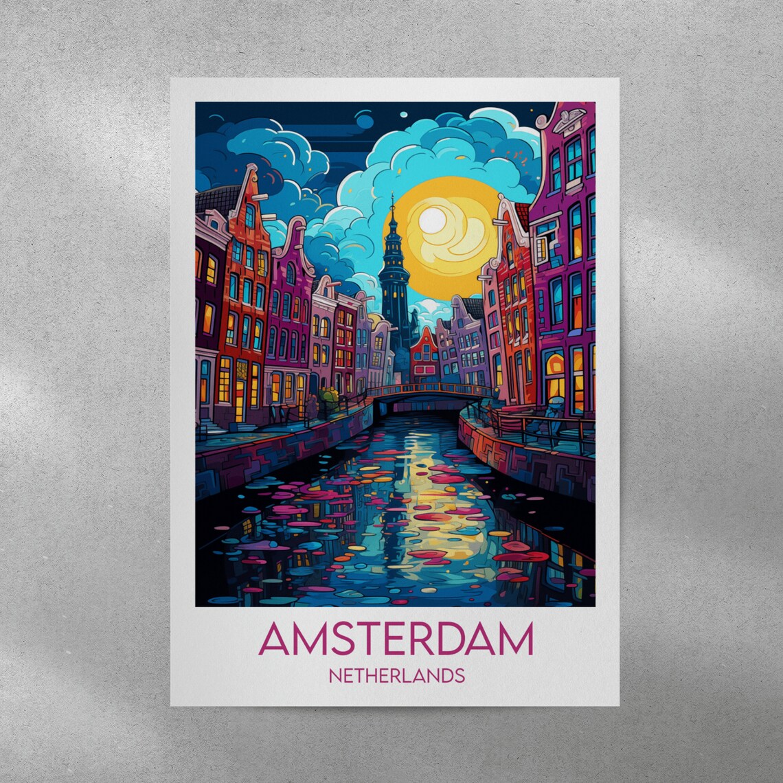 Amsterdam Netherlands Neon Night Canal Gabled Houses Travel Poster - Image 3