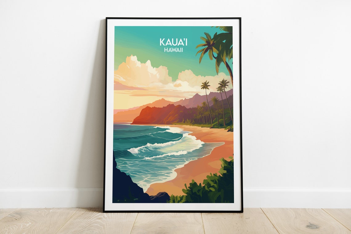 Kauai Hawaii Tropical Beach Sunset Retro Vintage Travel Poster