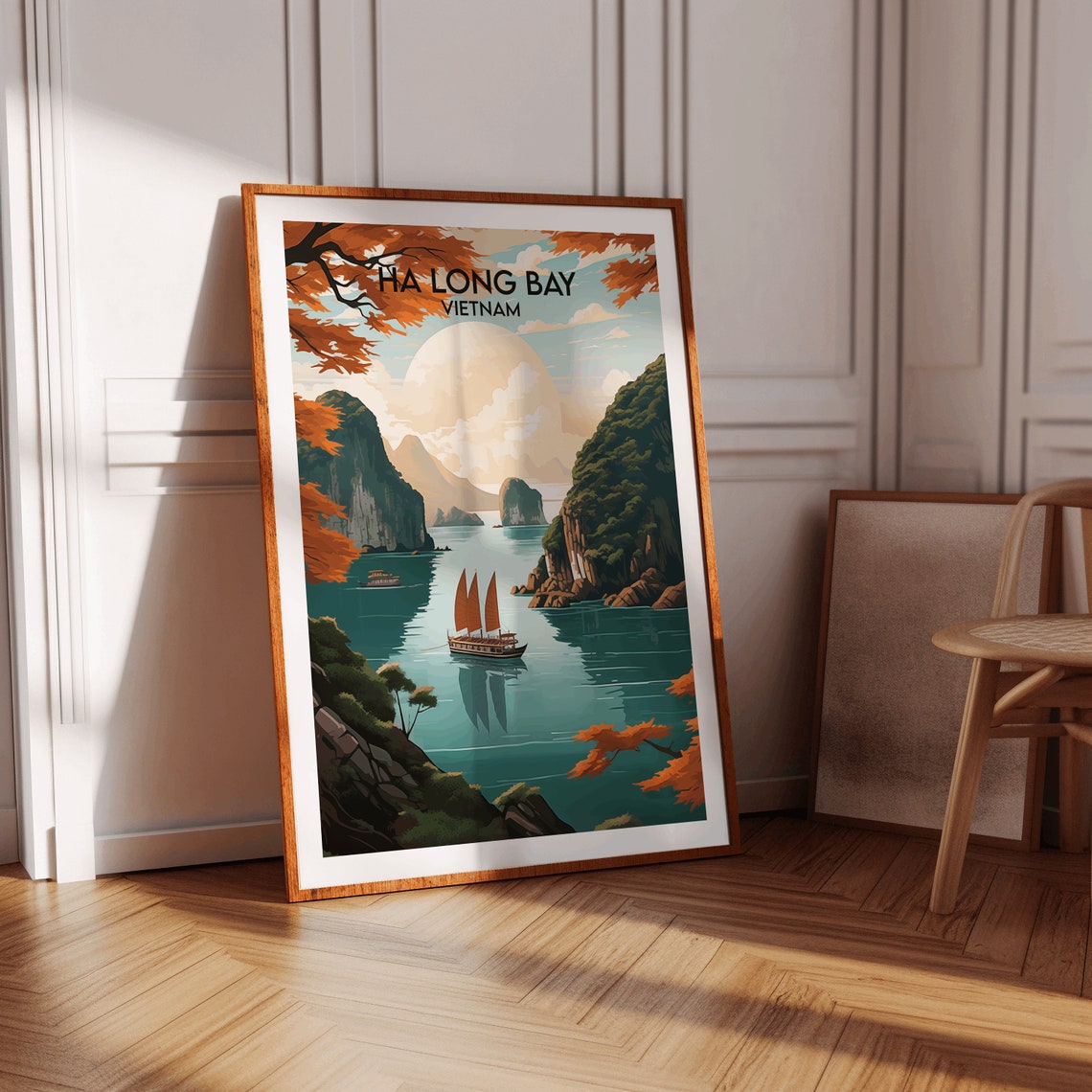 Ha Long Bay Vietnam Junk Boat Karsts Sunset Travel Illustration Poster - Image 4