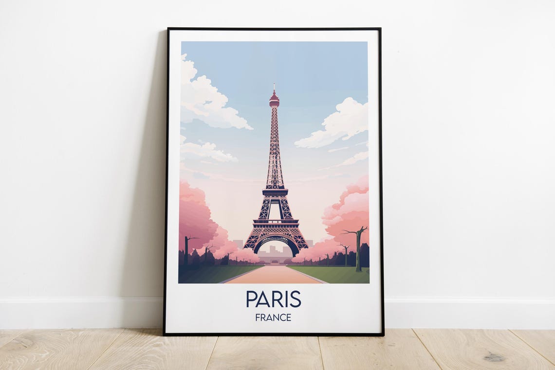 Paris Eiffel Tower Pink Sky France Minimalist Vintage Travel Poster