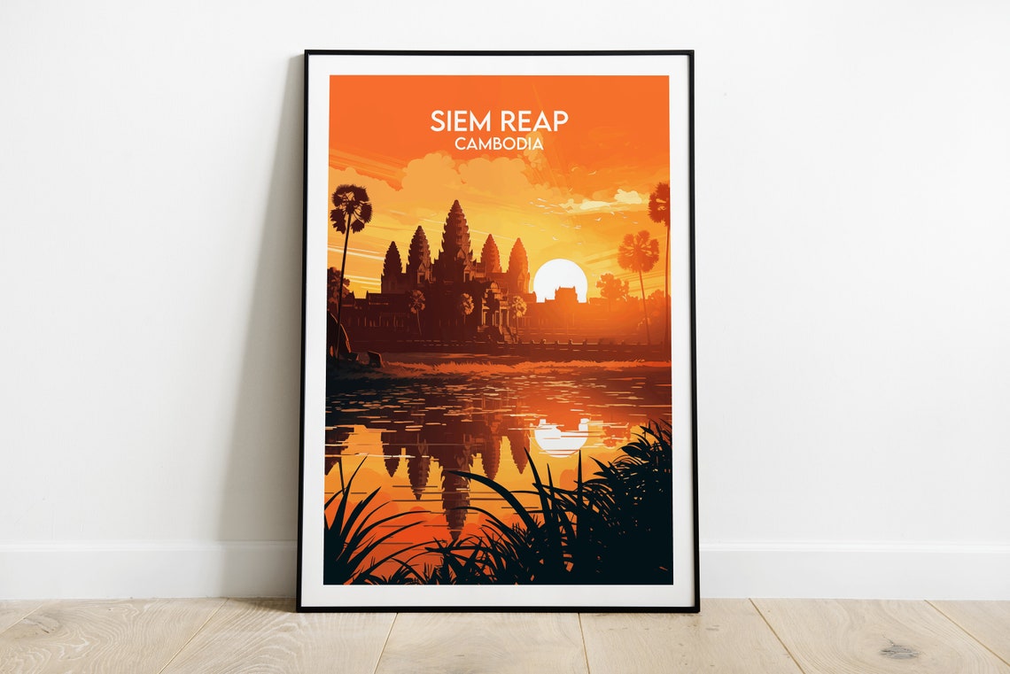 Siem Reap Cambodia Angkor Wat Sunset Temple Reflection Travel Poster