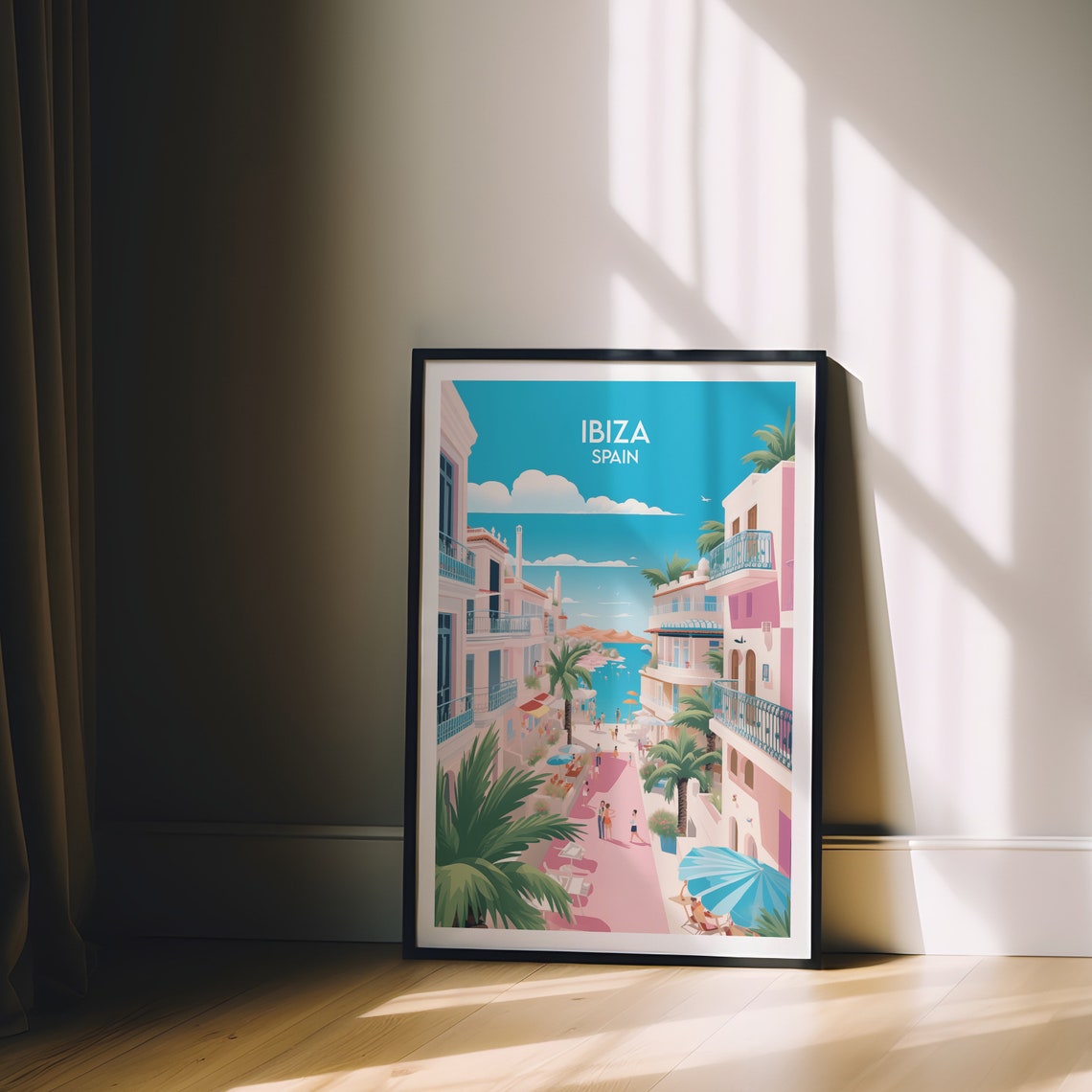 Ibiza Spain Pink Mediterranean Street Palms Vintage Travel Poster - Image 2