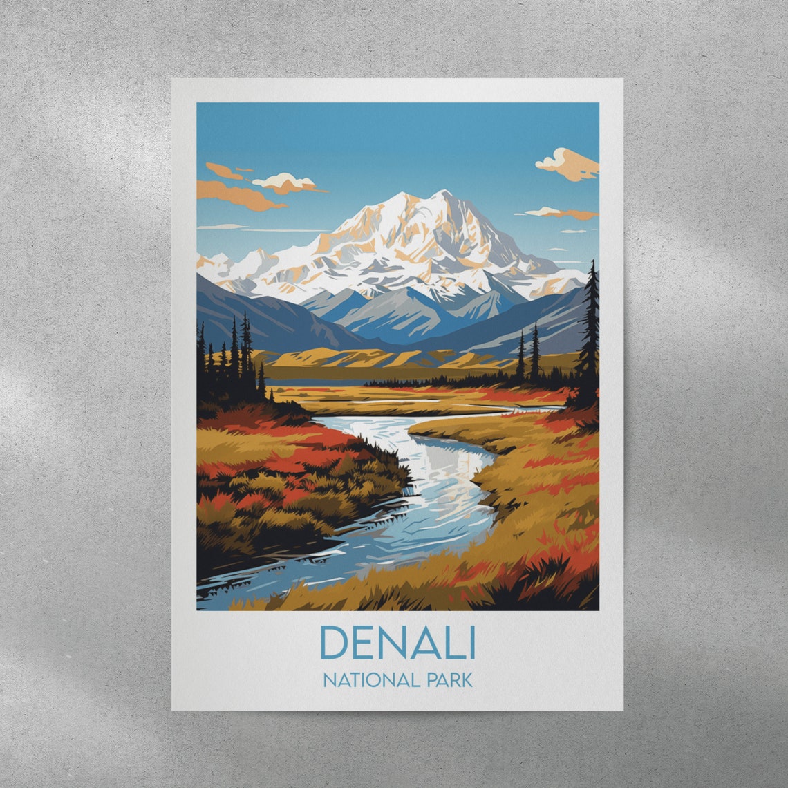 Denali National Park Snow Peak River Tundra Landscape Travel Poster - Image 2
