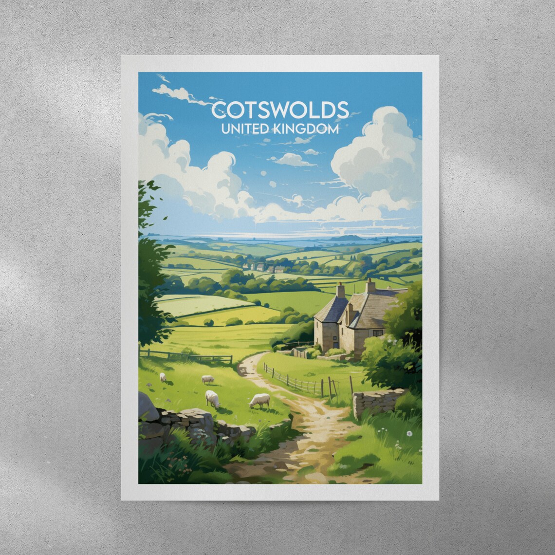 Cotswolds United Kingdom Stone Cottage Sheep Meadow Travel Poster - Image 3