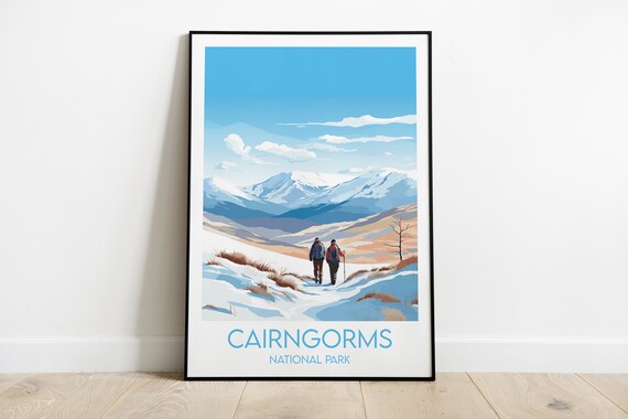 Cairngorms National Park Snowy Valley Hikers Highlands Travel Poster