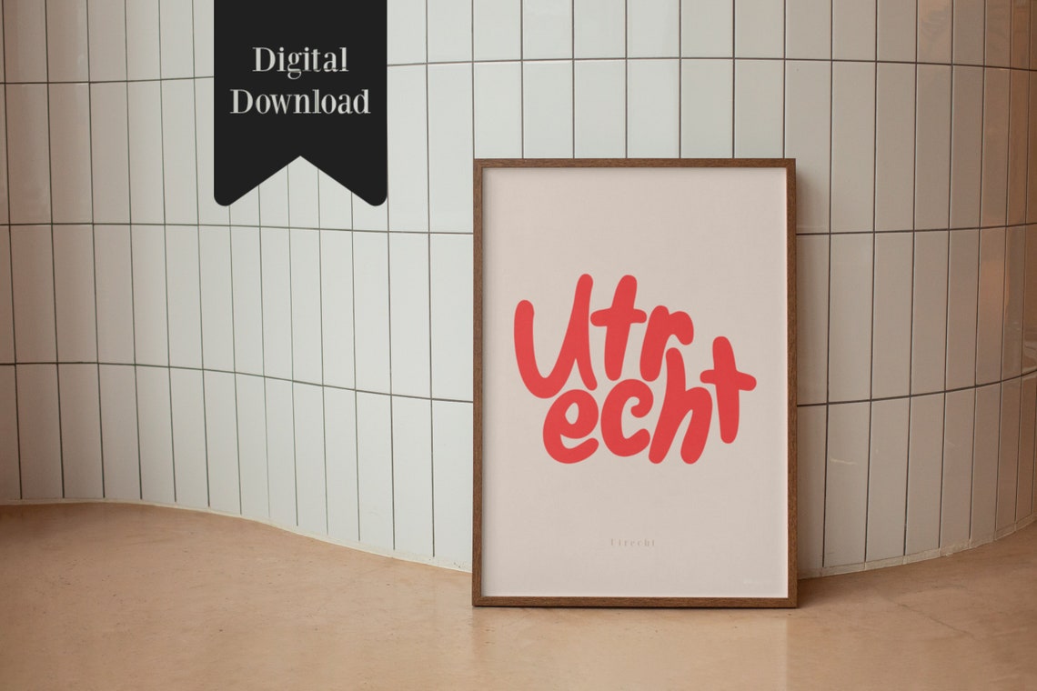 Utrecht Retro Script City Name Typography Wall Poster Red Cream